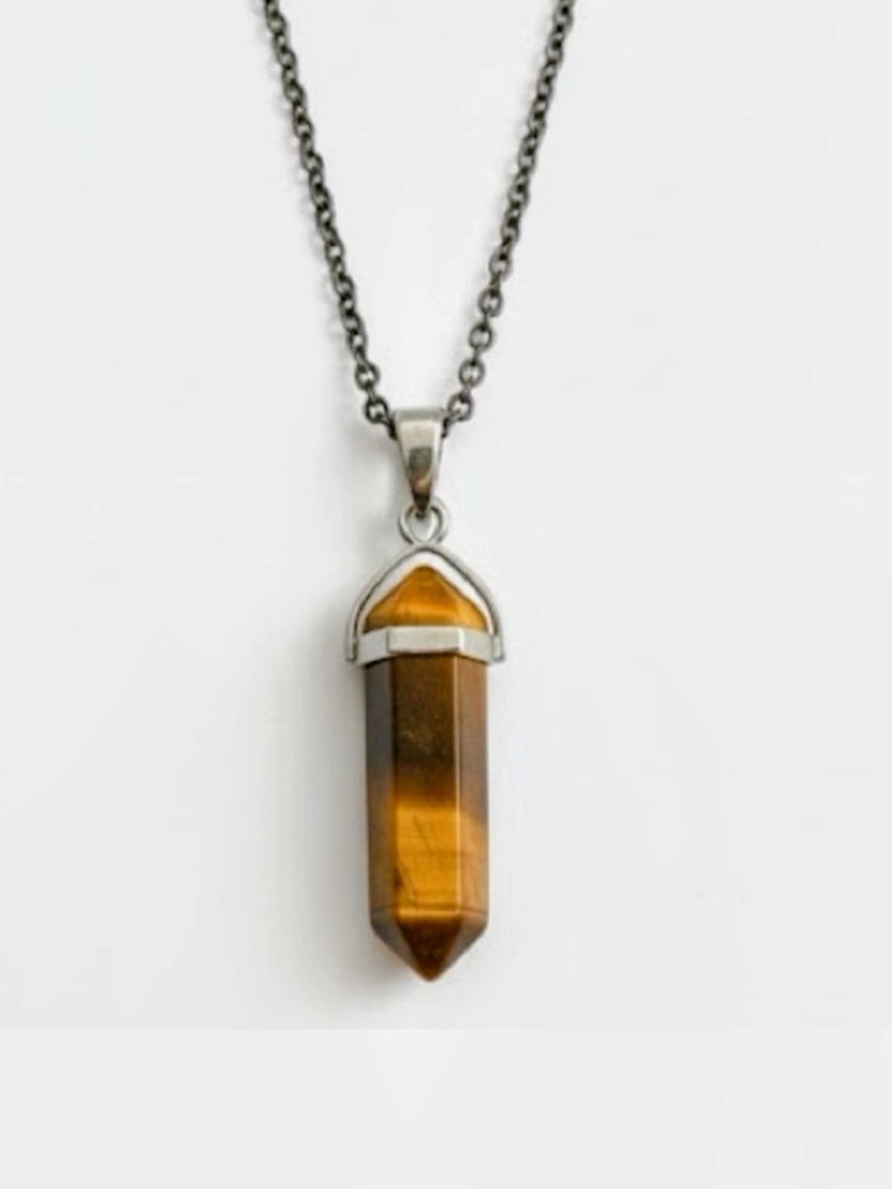 925 Sterling Silver Tiger’s Eye Hexagonal Crystal Point Pendant Necklace